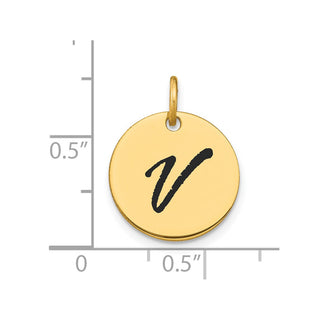 14K Yellow Gold Polished Black Enamel Letter V Initial Disk Charm