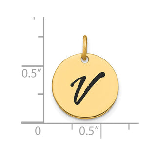 14K Yellow Gold Polished Black Enamel Letter V Initial Disk Charm
