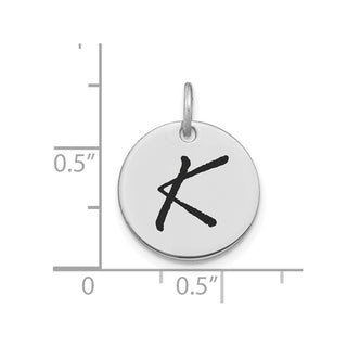 14K White Gold Polished Black Enamel Letter K Initial Disk Charm