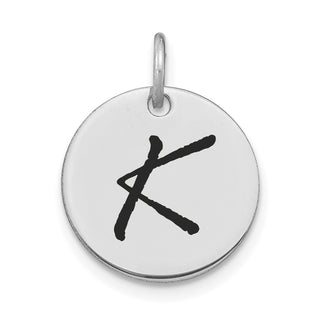 14K White Gold Polished Black Enamel Letter K Initial Disk Charm