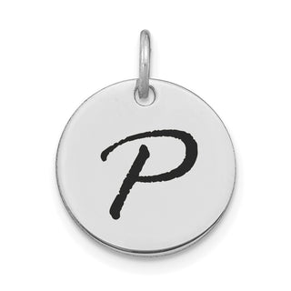 14K White Gold Polished Black Enamel Letter P Initial Disk Charm