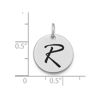 14K White Gold Polished Black Enamel Letter R Initial Disk Charm