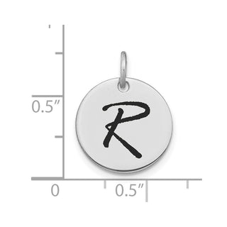 14K White Gold Polished Black Enamel Letter R Initial Disk Charm