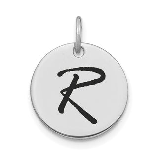 14K White Gold Polished Black Enamel Letter R Initial Disk Charm