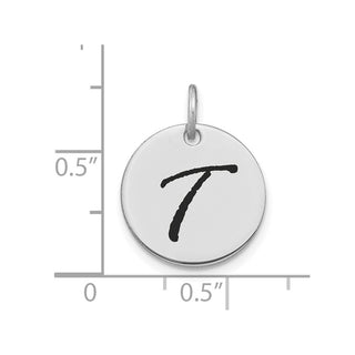 14K White Gold Polished Black Enamel Letter T Initial Disk Charm