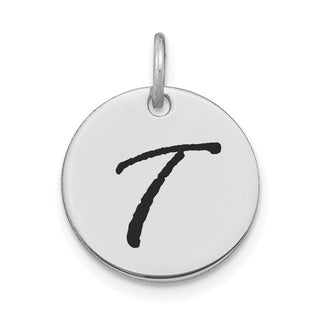 14K White Gold Polished Black Enamel Letter T Initial Disk Charm