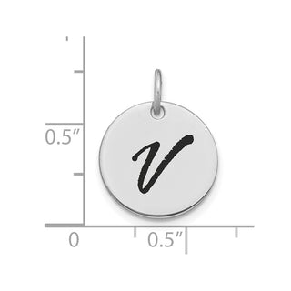14K White Gold Polished Black Enamel Letter V Initial Disk Charm