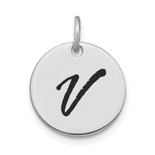 14K White Gold Polished Black Enamel Letter V Initial Disk Charm