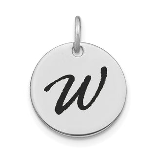 14K White Gold Polished Black Enamel Letter W Initial Disk Charm