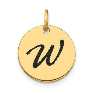 14K Yellow Gold Polished Black Enamel Letter W Initial Disk Charm