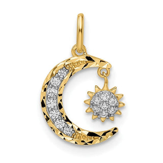 14k Yellow Gold CZ Diamond-cut Moon and Star Pendant