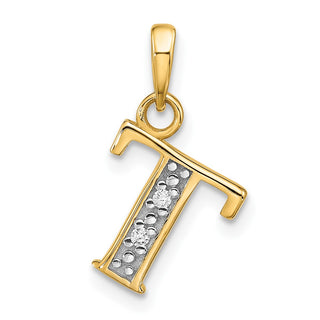14K Yellow Gold with Rhodium-plating Diamond Letter T Initial Pendant