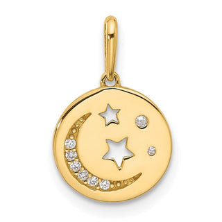 14K Yellow Gold Polished CZ Moon and Stars in Disc Pendant