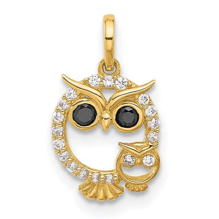 14K Yellow Gold Polished Black and White CZ Mommy and Baby Owl Pendant