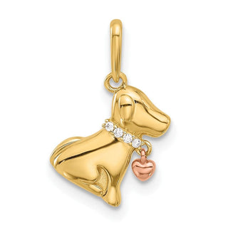 14k Two-tone Gold Polished CZ Dog w/Heart Dangle Pendant