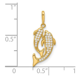14K Yellow Gold Polished CZ Two Dolphins Pendant