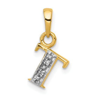 14k Yellow Gold and Rhodium Polished .01ctw Diamond Initial T Pendant