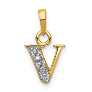 14k Yellow Gold and Rhodium Polished .01ctw Diamond Initial V Pendant