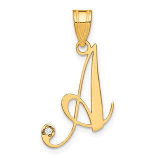14K Yellow Gold Script Letter A Initial Pendant with Diamond