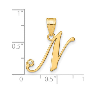 14K Yellow Gold Script Letter N Initial Pendant with Diamond