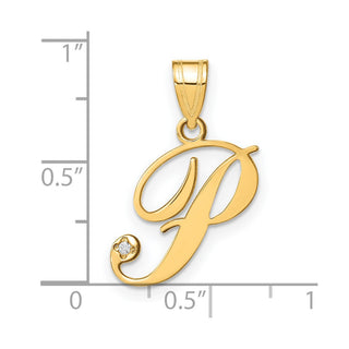 14K Yellow Gold Script Letter P Initial Pendant with Diamond