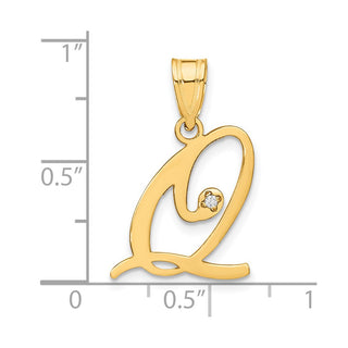14K Yellow Gold Script Letter Q Initial Pendant with Diamond