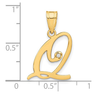 14K Yellow Gold Script Letter Q Initial Pendant with Diamond