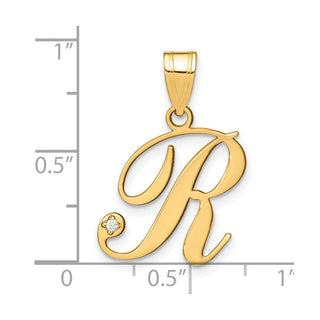 14K Yellow Gold Script Letter R Initial Pendant with Diamond
