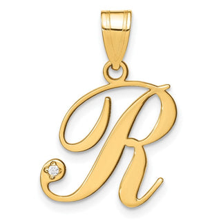 14K Yellow Gold Script Letter R Initial Pendant with Diamond