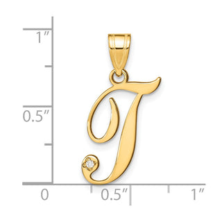 14K Yellow Gold Script Letter T Initial Pendant with Diamond