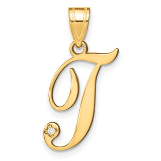 14K Yellow Gold Script Letter T Initial Pendant with Diamond