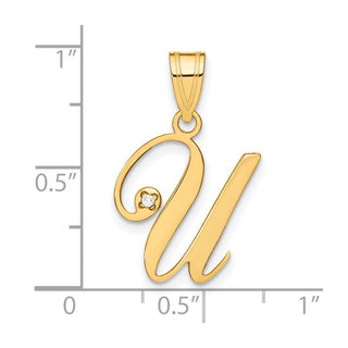 14K Yellow Gold Script Letter U Initial Pendant with Diamond