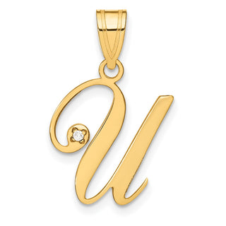 14K Yellow Gold Script Letter U Initial Pendant with Diamond