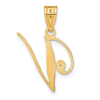 14K Yellow Gold Script Letter V Initial Pendant with Diamond