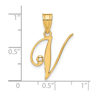 14K Yellow Gold Script Letter V Initial Pendant with Diamond
