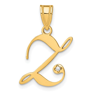 14K Yellow Gold Script Letter Z Initial Pendant with Diamond