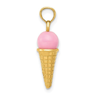 14k Yellow Gold Satin Polished 3D Pink Quartz Ice Cream Cone Pendant
