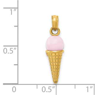 14k Yellow Gold Satin Polished 3D Pink Quartz Ice Cream Cone Pendant