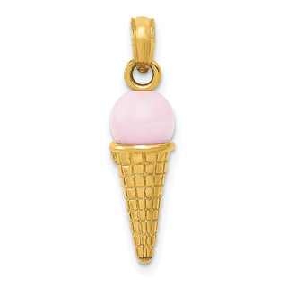 14k Yellow Gold Satin Polished 3D Pink Quartz Ice Cream Cone Pendant
