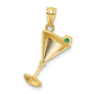 14k Yellow Gold Martini Glass With Green CZ Olive Pendant