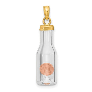 14k Yellow Gold Two-Tone 3-D Mini Penny In Glass Bottle Pendant