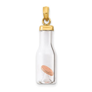 14k Yellow Gold Two-Tone 3-D Mini Penny In Glass Bottle Pendant