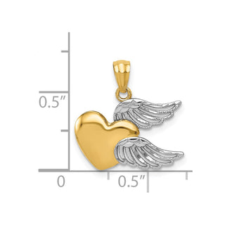 14k Yellow Gold and Rhodium Polished Heart with Wings Pendant
