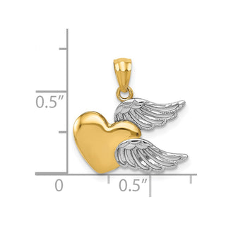 14k Yellow Gold and Rhodium Polished Heart with Wings Pendant