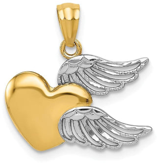 14k Yellow Gold and Rhodium Polished Heart with Wings Pendant