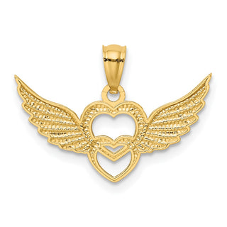 14k Yellow Gold and Rhodium Polished Hearts with Wings Pendant