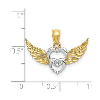 14k Yellow Gold and Rhodium Polished Hearts with Wings Pendant