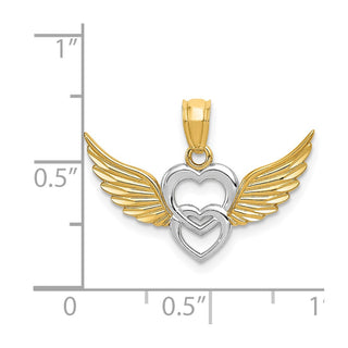 14k Yellow Gold and Rhodium Polished Hearts with Wings Pendant