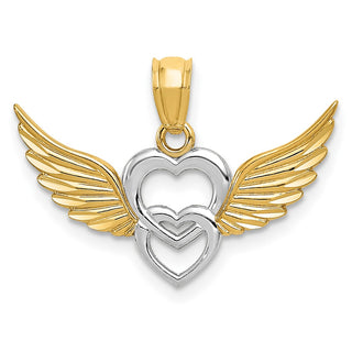 14k Yellow Gold and Rhodium Polished Hearts with Wings Pendant