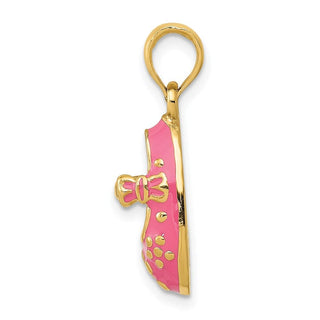 14k Yellow Gold Pink Enameled 3D Baby Shoe Pendant